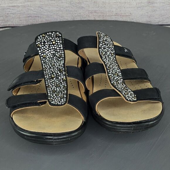 Revere Woman Catalina Leather Sandals Black Rhinestones Slip On Slides Size 11 - Picture 2 of 8